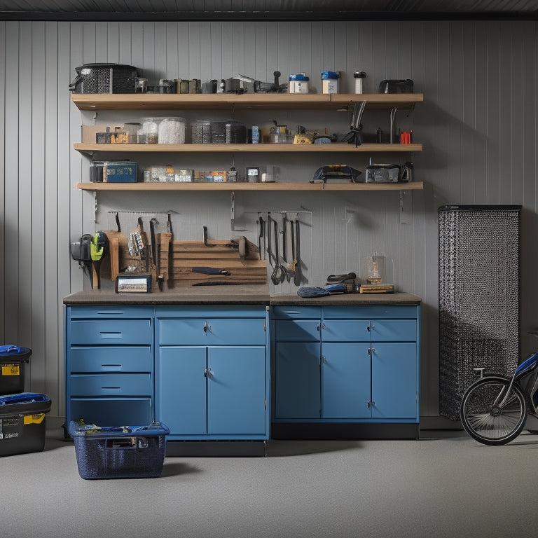 A well-lit, clutter-free garage workshop with a pegboard covered in neatly hung tools, a labeled storage cabinet, and a rolling cart with organized drawers, set against a clean, gray concrete floor.