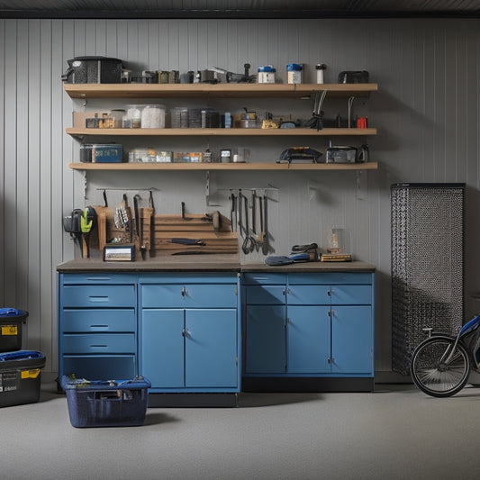 A well-lit, clutter-free garage workshop with a pegboard covered in neatly hung tools, a labeled storage cabinet, and a rolling cart with organized drawers, set against a clean, gray concrete floor.