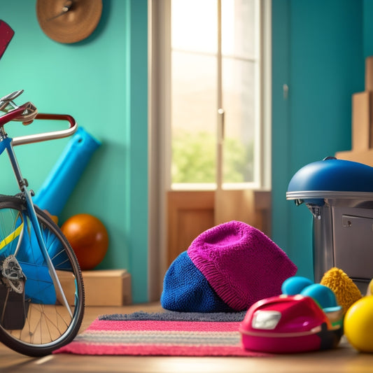 A colorful, clutter-free interior scene featuring various adhesive hooks holding a bike helmet, keys, towels, and bags, with a subtle background of a modern apartment or house.