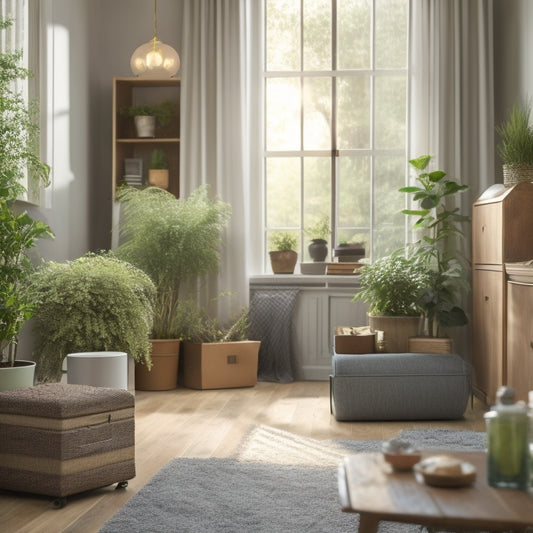 A serene, well-organized living room with a few moving boxes and a PODS storage container discreetly placed in the corner, surrounded by lush greenery and warm, natural light.