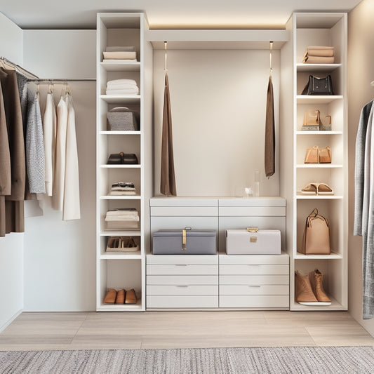 A minimalist, modern closet interior with sleek PAX units in white and gray, adorned with stylish shoes, handbags, and accessories, amidst a warm, soft-lit ambiance with subtle wood accents.