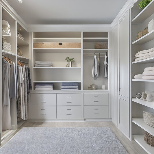 A serene, modern walk-in closet with floor-to-ceiling shelves, soft-close drawers, and a central island with a built-in bench, set against a calming gray and cream color scheme.