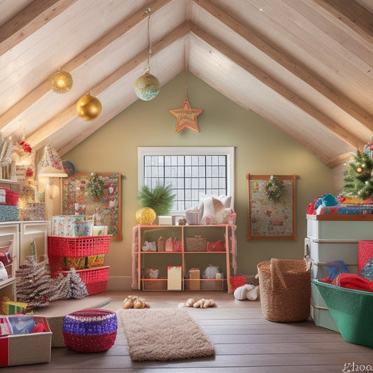 A colorful, clutter-free attic space with neatly organized holiday decorations stored in clear bins, baskets, and hooks, with a few festive ornaments and garlands subtly visible.