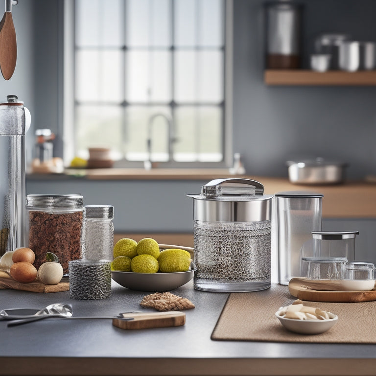 A tidy kitchen counter featuring a mix of stainless steel, glass, and silicone containers in various sizes, some stacked and others arranged neatly alongside a wooden cutting board and utensils.