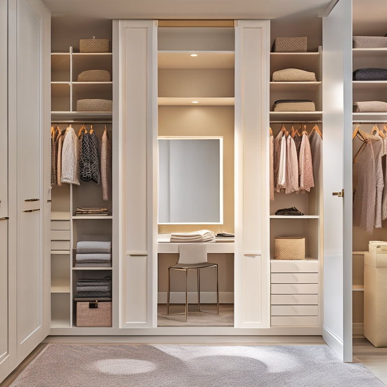 A luxurious, modern reach-in closet with floor-to-ceiling shelves, glass doors, and a built-in bench, featuring a mix of hanging rods, shelves, and drawers in a soft, creamy color palette.