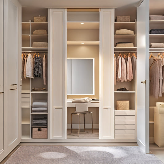 A luxurious, modern reach-in closet with floor-to-ceiling shelves, glass doors, and a built-in bench, featuring a mix of hanging rods, shelves, and drawers in a soft, creamy color palette.