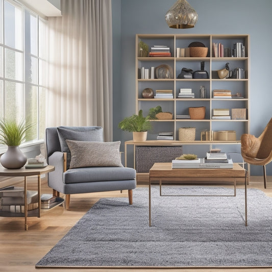 A clutter-free, modern living room with a sleek storage ottoman, a geometric-patterned rug, and a floor-to-ceiling shelving unit with woven baskets, decorative vases, and a few artfully arranged books.