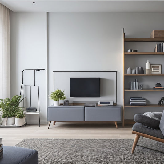 A tidy, modern living room with a sleek, wall-mounted shelf system, hidden compartments, and a minimalist desk with a built-in cable organizer and a small, rolling storage ottoman.