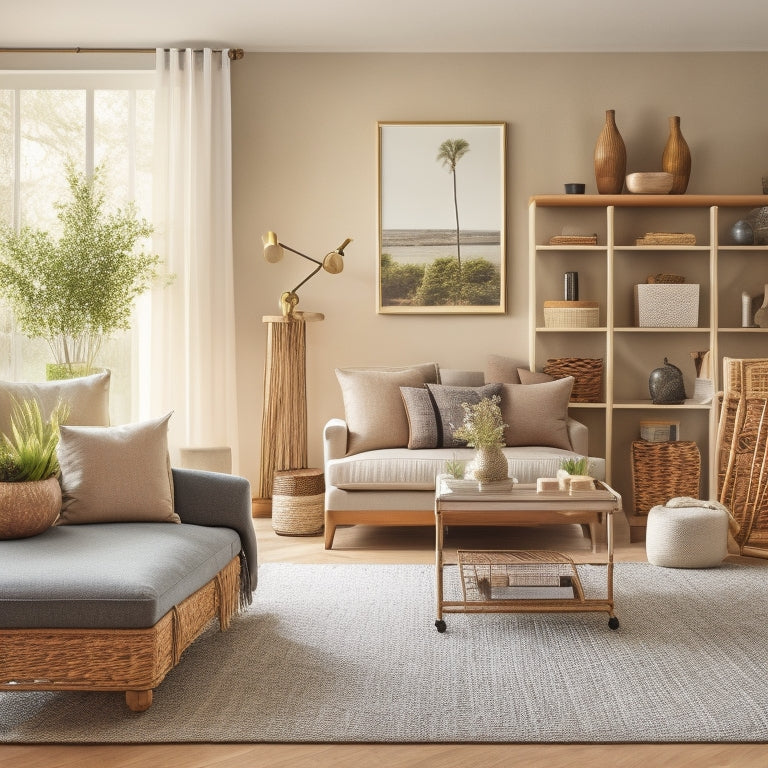 A serene, clutter-free living room with a minimalist sectional sofa, a console table behind it with three woven baskets, and a floor-to-ceiling shelving unit with neatly arranged books and decorative objects.