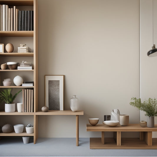 A serene, minimalist room with a wall of floor-to-ceiling shelves in a soft, natural wood tone, holding a few, carefully curated decorative objects and books, amidst plenty of negative space.