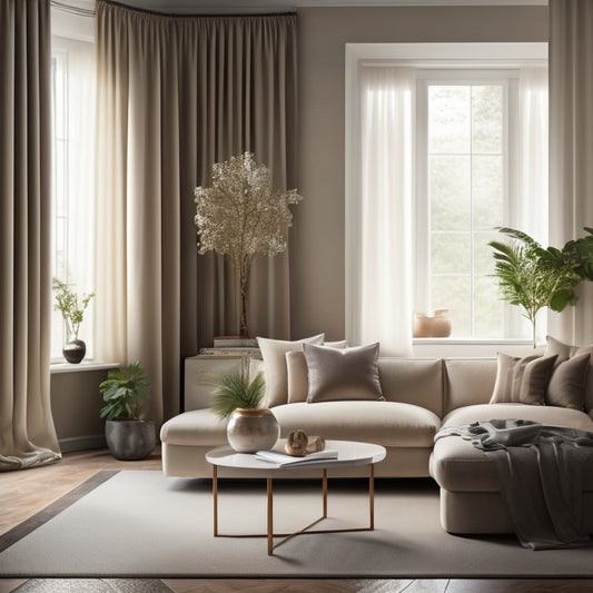 A serene, well-lit living room with a tidy sectional sofa, minimalist coffee table, and a few carefully placed decorative vases, set against a backdrop of neutral-toned walls and floor-to-ceiling curtains.
