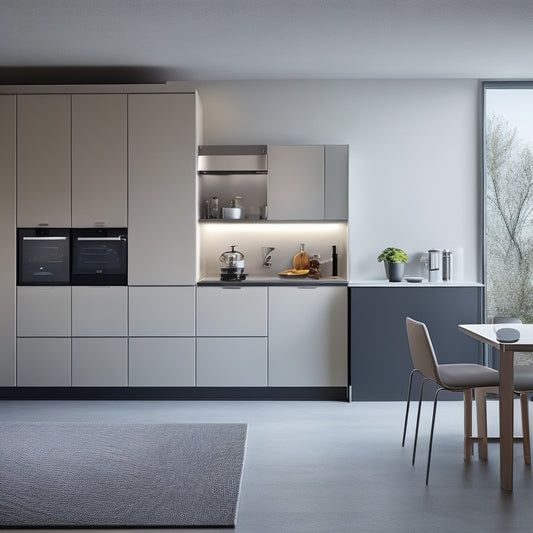 A modern, sleek, and minimalist kitchen with a compact cooking area featuring a wall-mounted foldable table, a retractable cooktop, and a hidden storage cabinet with sliding doors.