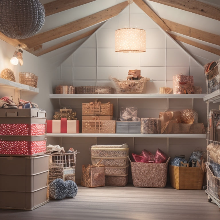 A tidy, well-organized attic or storage room with stacked, labeled bins and baskets in pastel colors, surrounded by festive holiday decorations and twinkling string lights.