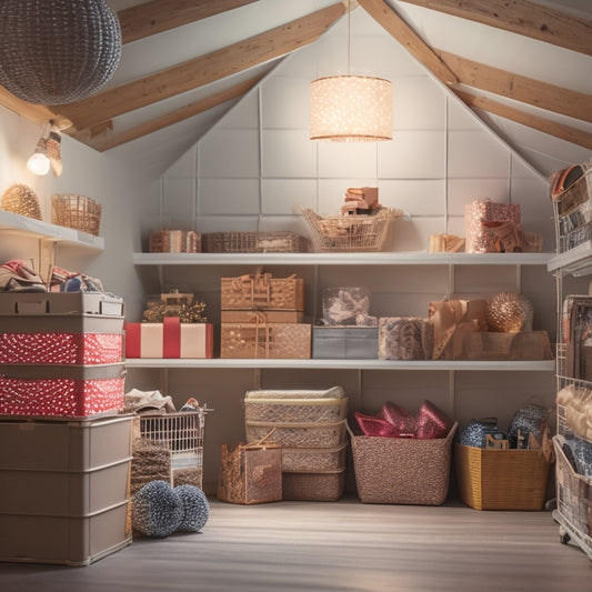 A tidy, well-organized attic or storage room with stacked, labeled bins and baskets in pastel colors, surrounded by festive holiday decorations and twinkling string lights.