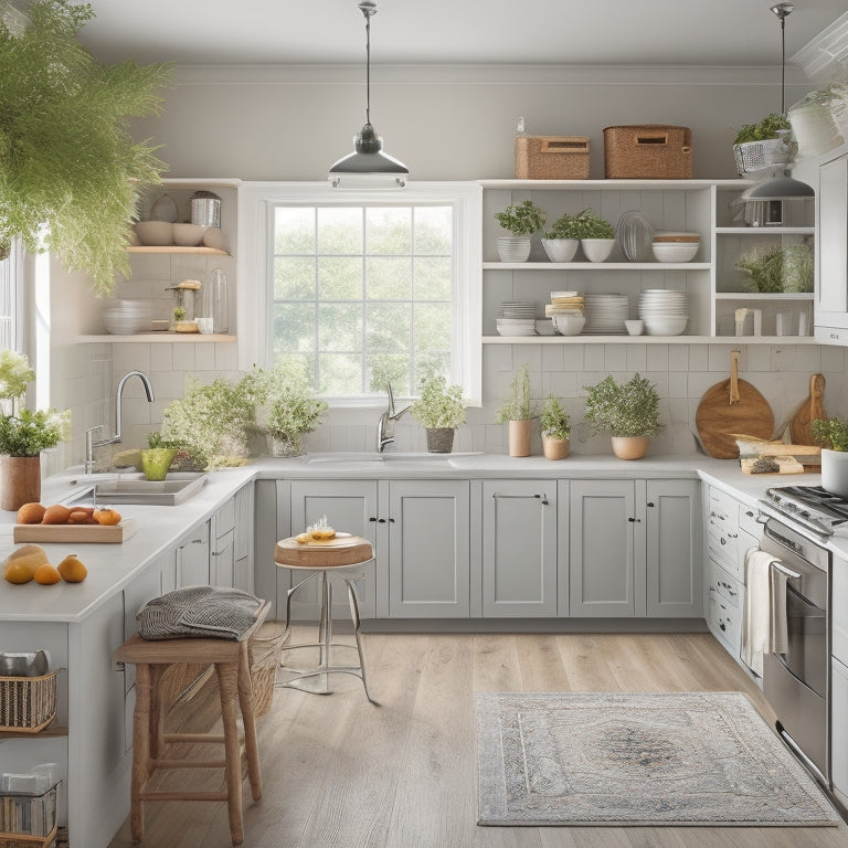 A tidy, L-shaped kitchen with white cabinets, gray countertops, and a small island in the center, showcasing organized utensils, cookbooks, and a few decorative plants.