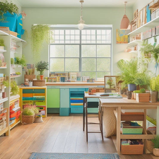 A bright, airy craft room with neatly organized shelves, colorful storage bins, and a large wooden worktable clutter-free, surrounded by inspirational art pieces and lush green plants.