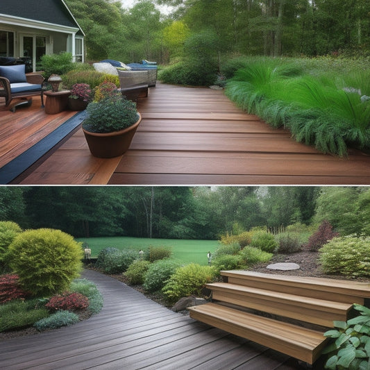 A split-screen image featuring a beautiful, lush backyard with Monarch Decking on the left, and a dark, stormy background with a cracked and worn-out Monarch Decking on the right, with a subtle, faint crack running through the center.