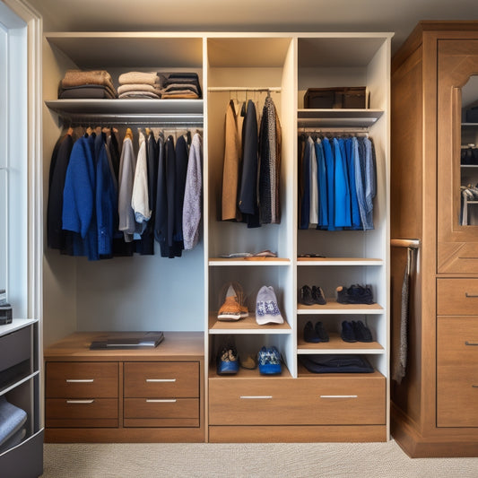 A modern, well-organized custom closet with sleek shelving, a laptop open to a 3D design software, a tablet displaying a digital measuring tape, and a smartphone showing a closet organization app.