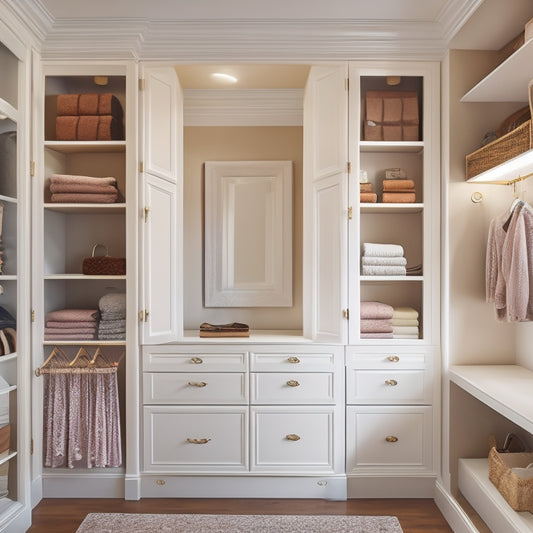 A serene, well-lit closet with creamy white walls, rich wood floors, and a mix of open shelves and drawers in a warm, honey-brown finish, adorned with elegant, crystal knobs.