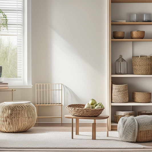 A serene, clutter-free living room with a sleek, minimalist shelving unit, woven baskets, and a few carefully placed decorative items, illuminated by soft, warm natural light.