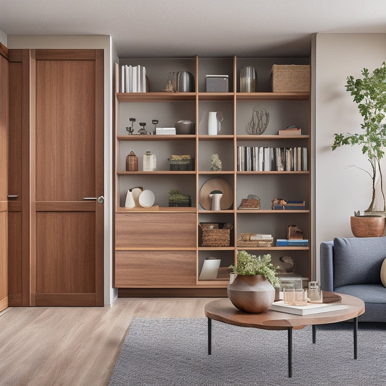 A clutter-free home interior with sleek, modern sliding doors in a warm wood tone, opening to reveal a neatly organized storage space with shelves, bins, and a few decorative items.