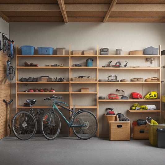 A well-organized garage with 3-4 wooden shelves of varying heights, holding labeled storage bins, tools, and a few bicycles, against a light-gray concrete wall with a single overhead light.