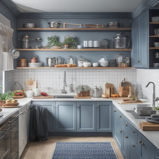 A tidy, well-lit small kitchen with opened cabinets and drawers, showcasing organized utensils, cookware, and food items on adjustable shelves, baskets, and hooks, with a few pots and pans hung from the ceiling.