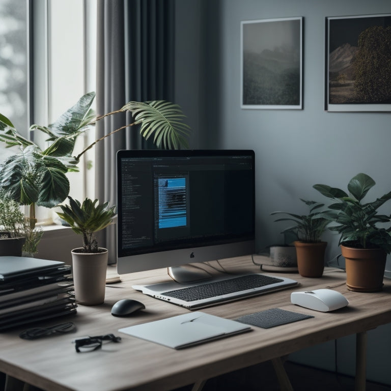 A serene, minimalist workspace with a laptop, a few neatly arranged folders, and a small potted plant, surrounded by subtle, blurred digital screens and scattered, discarded cables in the background.