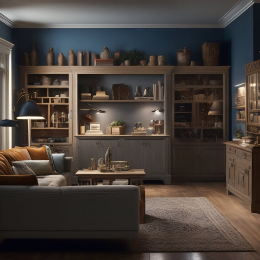 An image depicting a tidy, well-lit living room with an unfinished wall, surrounded by scattered cabinet components, tools, and measuring tapes, showcasing the early stages of a custom cabinet installation.