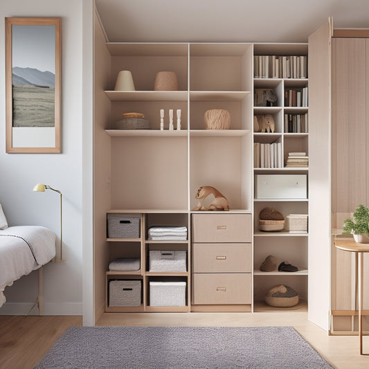 A tidy, minimalist room with a Murphy bed, foldable ladder, and multi-tiered shelves, showcasing cleverly hidden storage compartments, baskets, and bins in a soft, natural color palette.