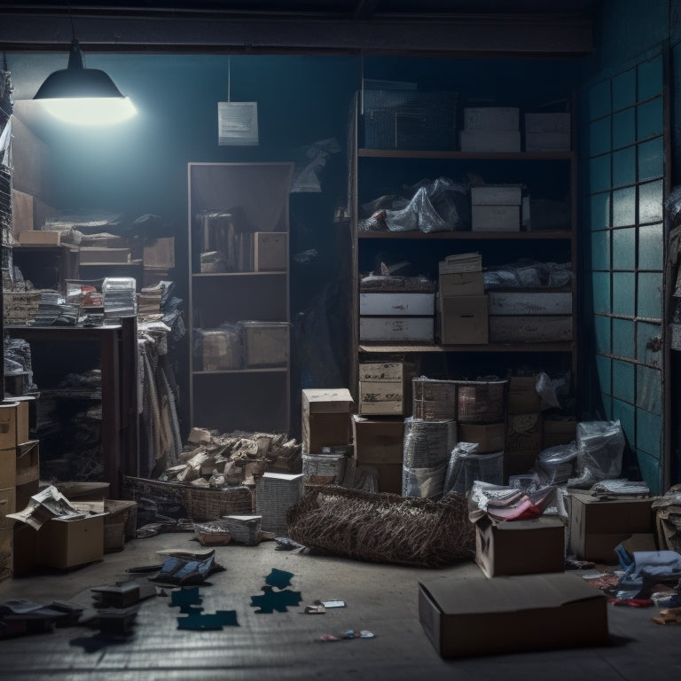 A dimly lit, cluttered storage room with boxes stacked haphazardly, a broken shelf, and a few scattered items on the floor, with a faint outline of a puzzle piece missing from the wall.