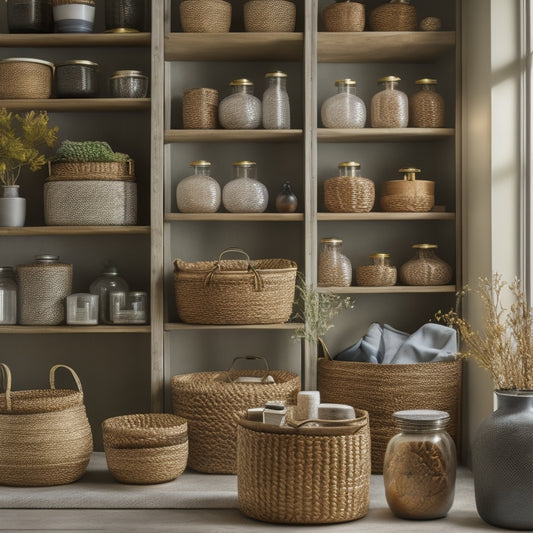 A serene, well-lit room with a mix of woven baskets, glass jars, and metallic storage bins in various shapes and sizes, arranged artfully on shelves and countertops.