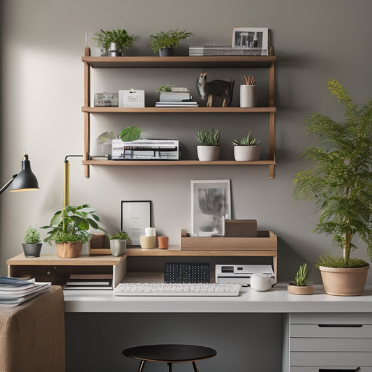 A serene and organized home office with a minimalist desk, a few carefully selected pens and papers, a small potted plant, and a wall-mounted shelf holding a label maker and a few neatly labeled storage bins.