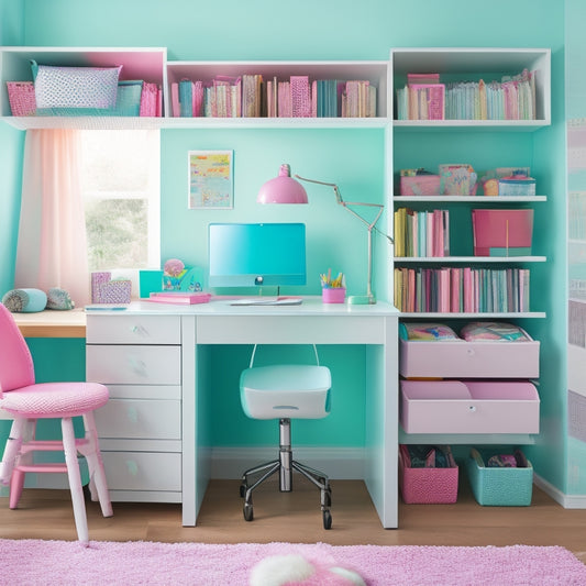 A tidy, pastel-hued girls' bedroom with a made bed, a desk organized with colorful pens and a laptop, and a closet with neatly hung clothes and stacked storage bins.