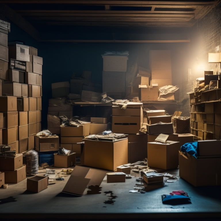 A dimly lit, cluttered storage room with boxes stacked haphazardly, a broken shelf, and a few scattered items on the floor, with a faint outline of a puzzle piece missing from the wall.