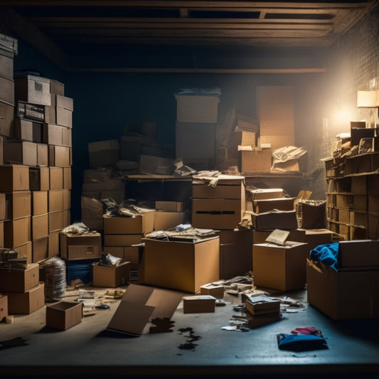 A dimly lit, cluttered storage room with boxes stacked haphazardly, a broken shelf, and a few scattered items on the floor, with a faint outline of a puzzle piece missing from the wall.