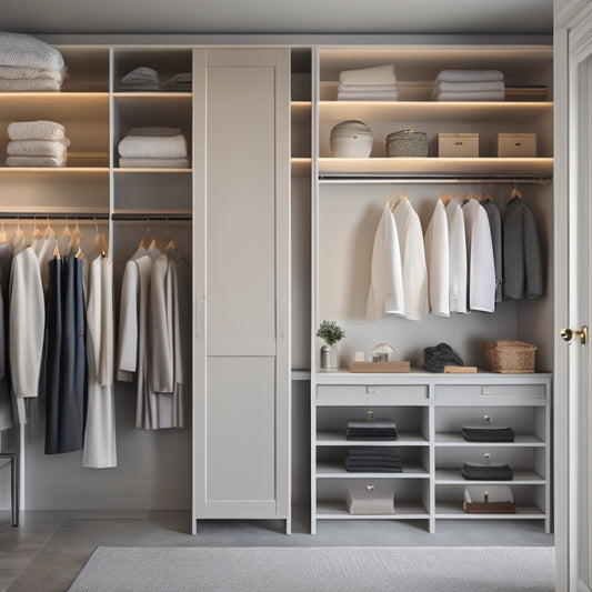 A serene, minimalist closet interior with soft, warm lighting, featuring a mix of open shelves, drawers, and rods, showcasing neatly organized clothing, shoes, and accessories in a harmonious color palette.