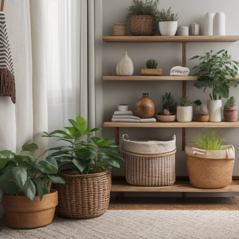 A serene, clutter-free living room with a refurbished wooden shelf, a woven basket filled with neatly rolled towels, and a few potted plants surrounded by a minimalist background.