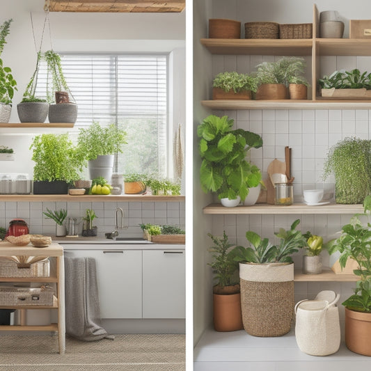 A bright, modern kitchen with a corner transformed into a functional space: a curved shelf with small potted plants, a pull-out pantry with woven baskets, and a sleek, retractable utensil holder.