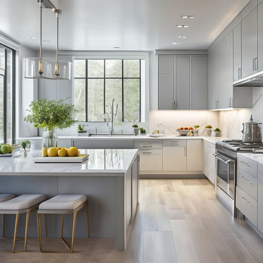 Image prompt: A serene, modern kitchen with sleek white cabinets, stainless steel appliances, and a central island, set against a calming gray and white marble backsplash, surrounded by floor-to-ceiling windows.