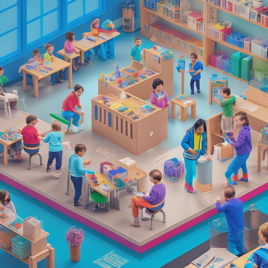 A vibrant, colorful illustration of a bustling classroom with diverse students engaged in various activities: building with blocks, conducting a science experiment, and collaborating on a puzzle.