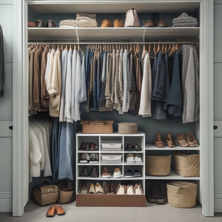 A cluttered small closet with clothes spilling out, shoes scattered, and a single rod overwhelmed, contrasted with a customized storage solution featuring double rods, shelves, and baskets in a calm, organized space.