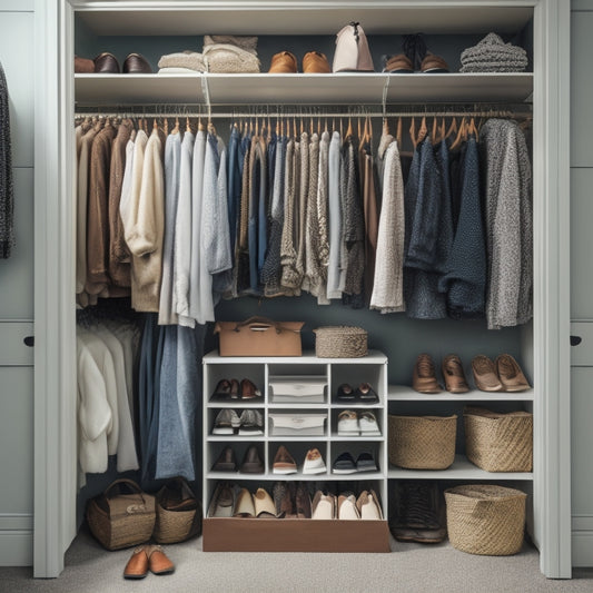 A cluttered small closet with clothes spilling out, shoes scattered, and a single rod overwhelmed, contrasted with a customized storage solution featuring double rods, shelves, and baskets in a calm, organized space.