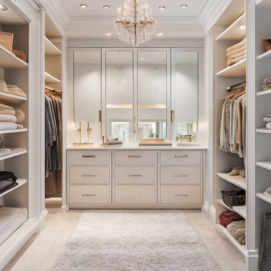 A serene, minimalist closet with sleek, floor-to-ceiling white shelves, polished chrome rods, and a bespoke, velvet-covered island in the center, surrounded by plush, cream-colored carpeting.