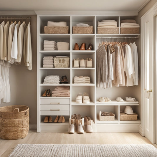 A serene, well-lit closet interior with soft, creamy walls and plush beige carpeting, featuring a mix of white and wooden shelves, baskets, and rods, with neatly organized clothes and shoes.