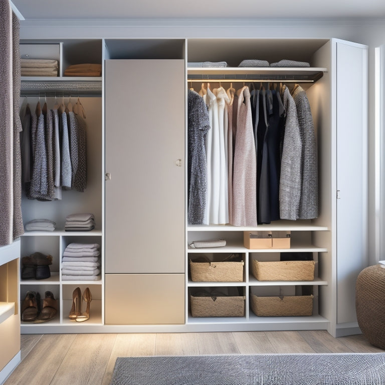 A serene, minimalist closet interior with soft, warm lighting, featuring a compact, floor-to-ceiling storage unit with sliding glass doors, and a few, carefully curated clothing items on display.