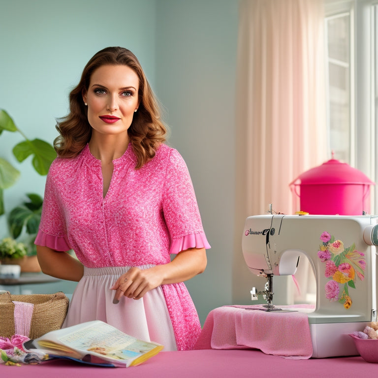 A beautifully styled woman in her mid-30s, standing in a bright and airy room with a minimalist background, wearing a trendy flutter sleeve top with a pastel pink fabric, with a sewing machine and pattern pieces scattered around her.