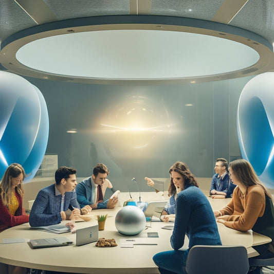 A futuristic, circular classroom with holographic projections, students wearing VR headsets, and a giant, glowing Google logo in the center, surrounded by orbiting, glowing spheres representing innovative ideas.
