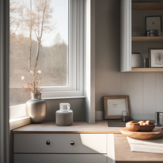 A serene, minimalist interior of a tiny home with a few, carefully curated possessions, natural light pouring in through a large window, and a subtle hint of organized storage solutions in the background.