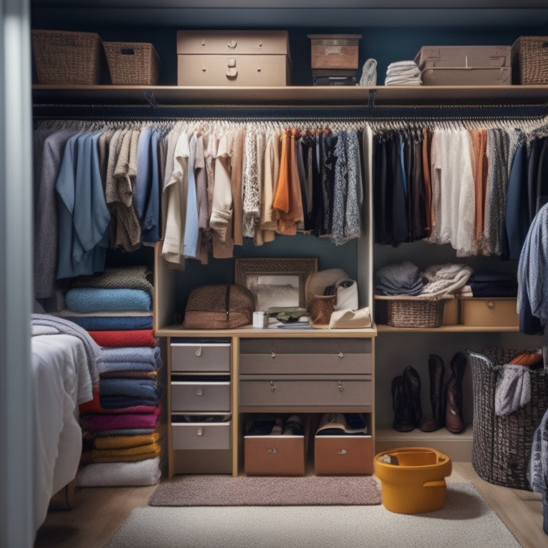 A cluttered closet with clothes scattered on the floor, contrasted with a neatly organized one featuring shelves, drawers, and rods, all made from a DIY closet organizer kit.